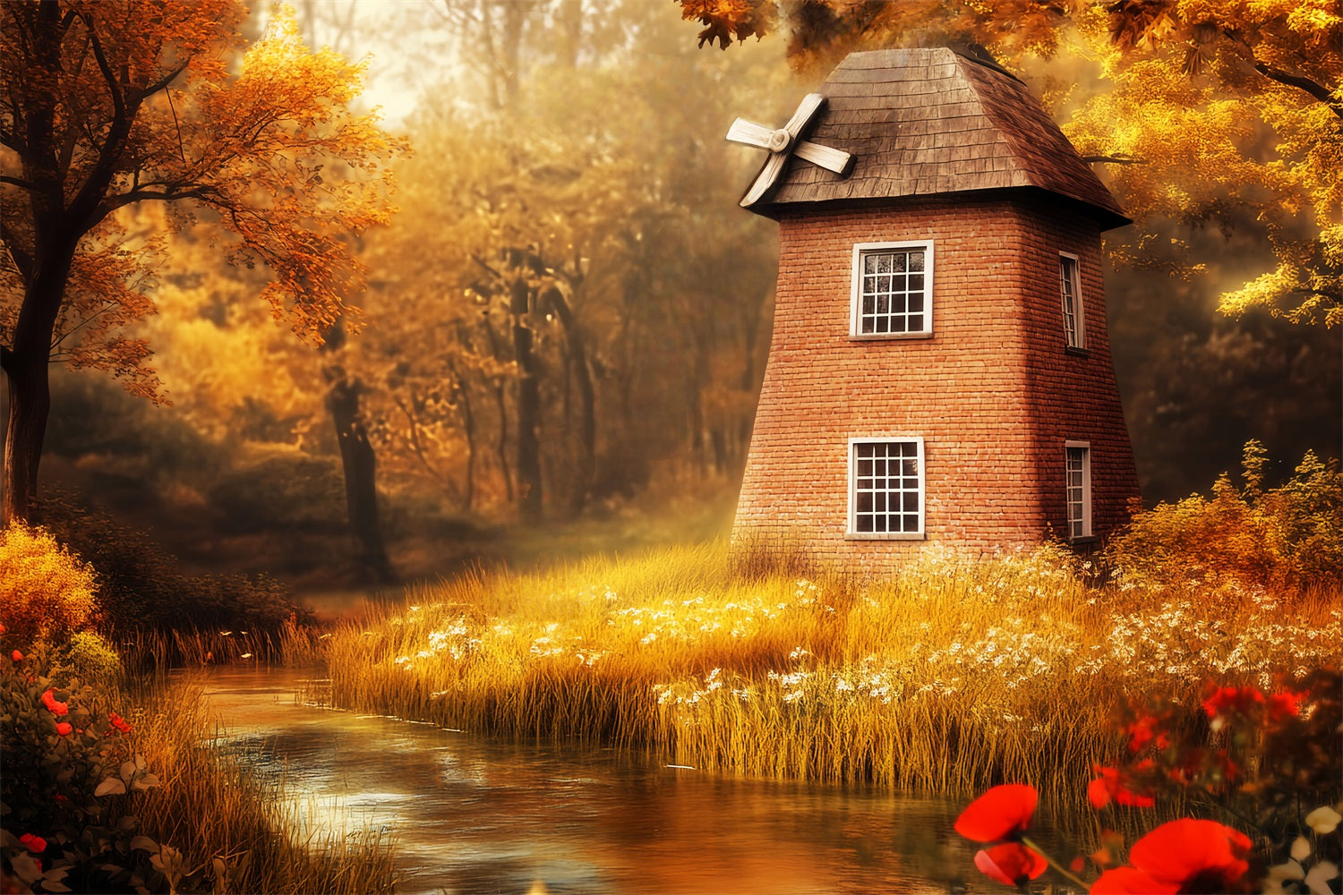 Fall Forest Autumn Windmill Golden River Fantasy Forest Backdrop LXX58-295