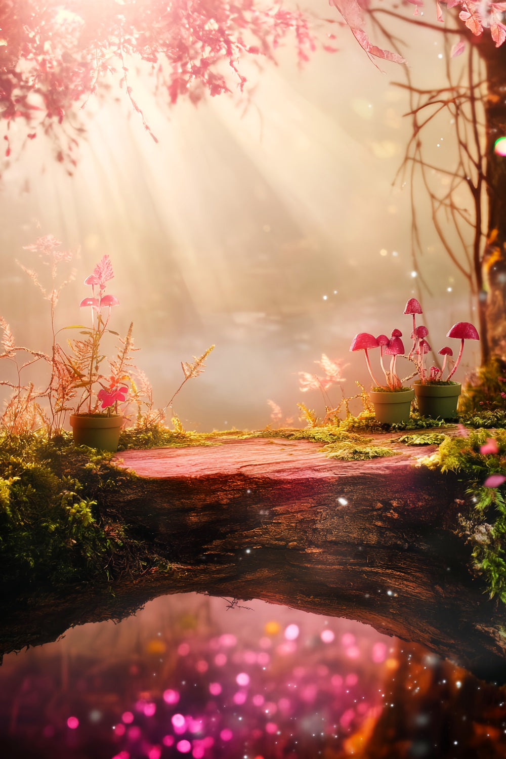 Fall Forest Magical Pink Mushroom Bridge Forest Photo Backdrop LXX58-296