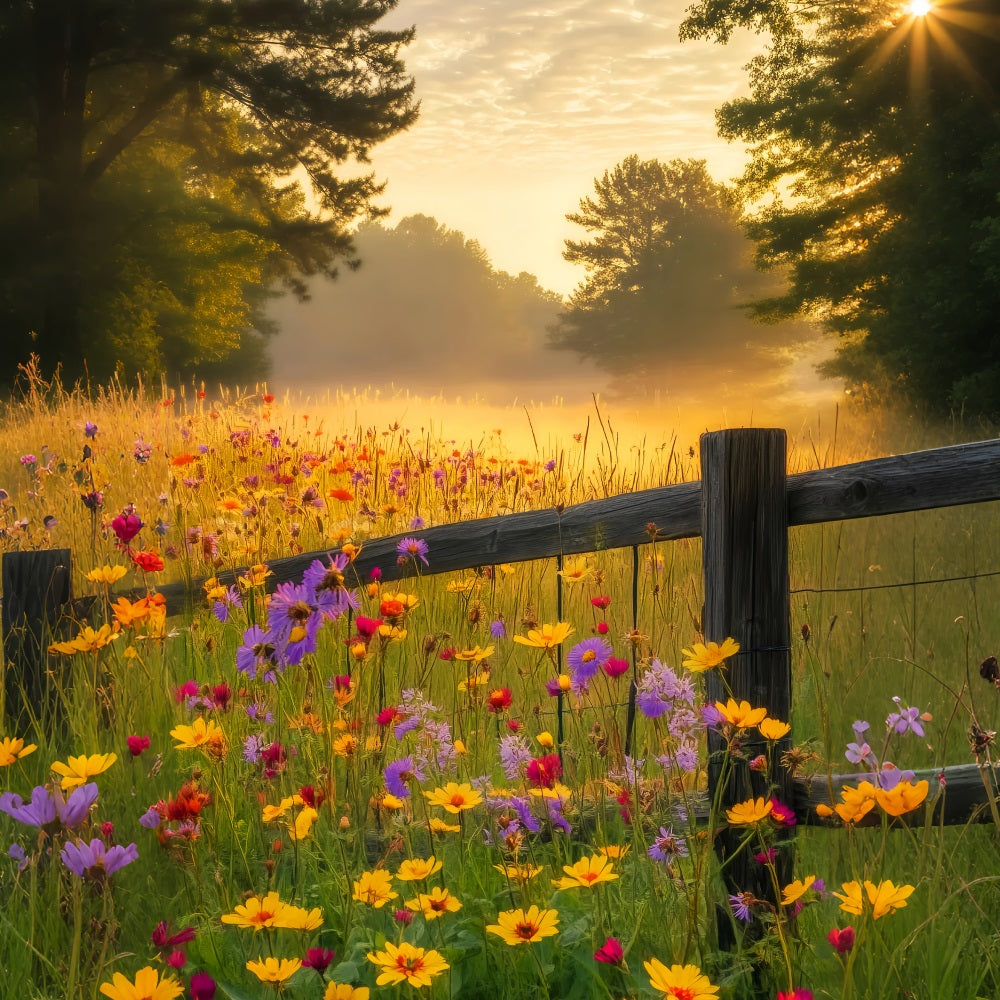 Fall Forest Wildflower Sunrise Glow Forest Photography Backdrop LXX58-297