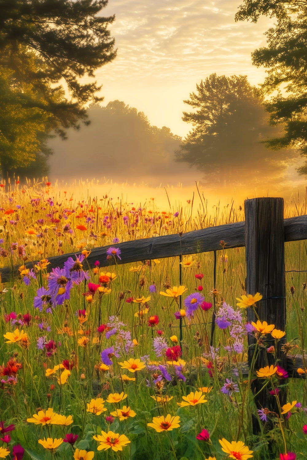 Fall Forest Wildflower Sunrise Glow Forest Photography Backdrop LXX58-297