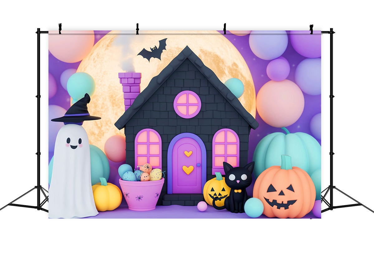 Cute Halloween Backdrop Black Cat Balloon Night Backdrop LXX58-30