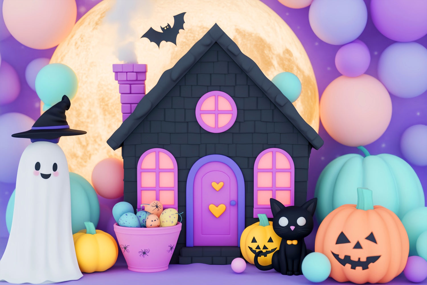 Cute Halloween Backdrop Black Cat Balloon Night Backdrop LXX58-30