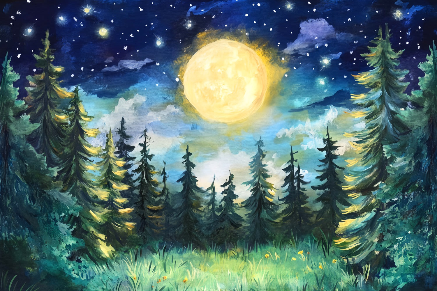 Night Forest Moonlit Pine Night Sky Woodland Forest Backdrop LXX58-300