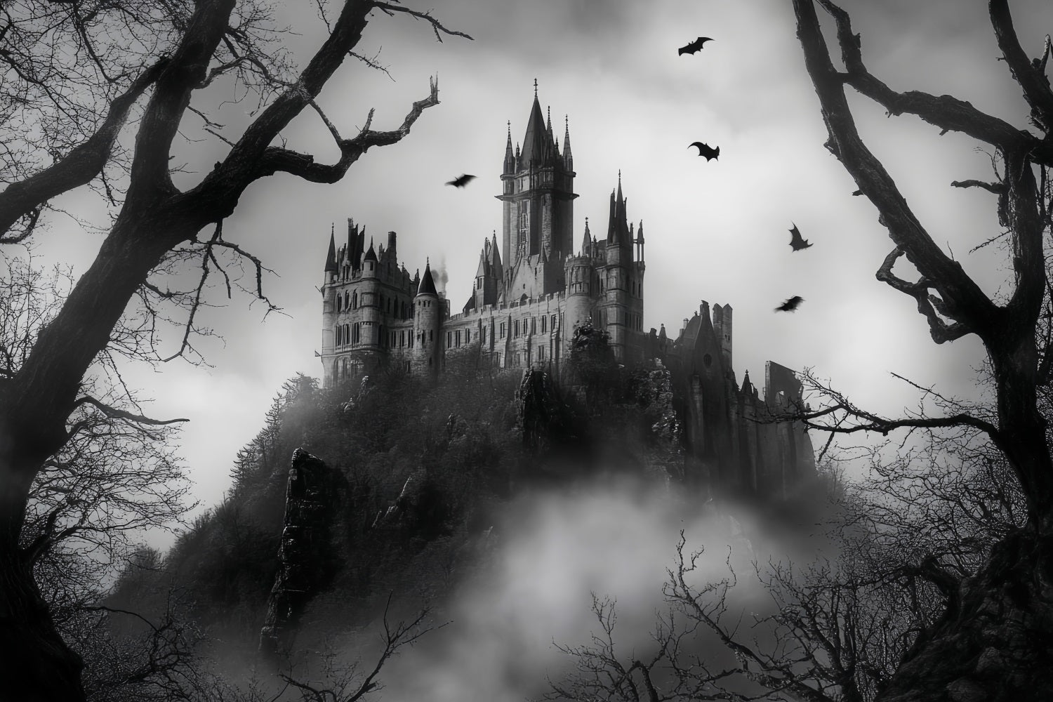 Night Forest Gothic Haunted Castle Mist Haunted Forest Backdrop LXX58-301