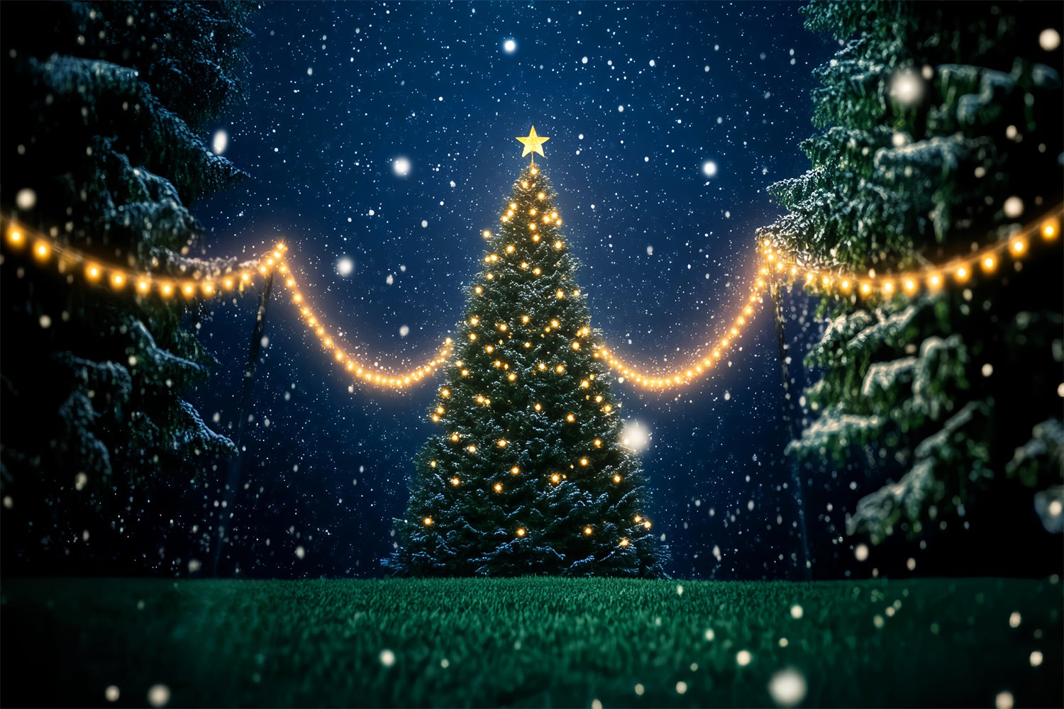 Night Forest Snowy Christmas Tree Lights Snowy Forest Backdrop LXX58-302