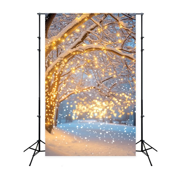 Night Forest Snowy Pathway Golden Lights Winter Forest Backdrop LXX58-305