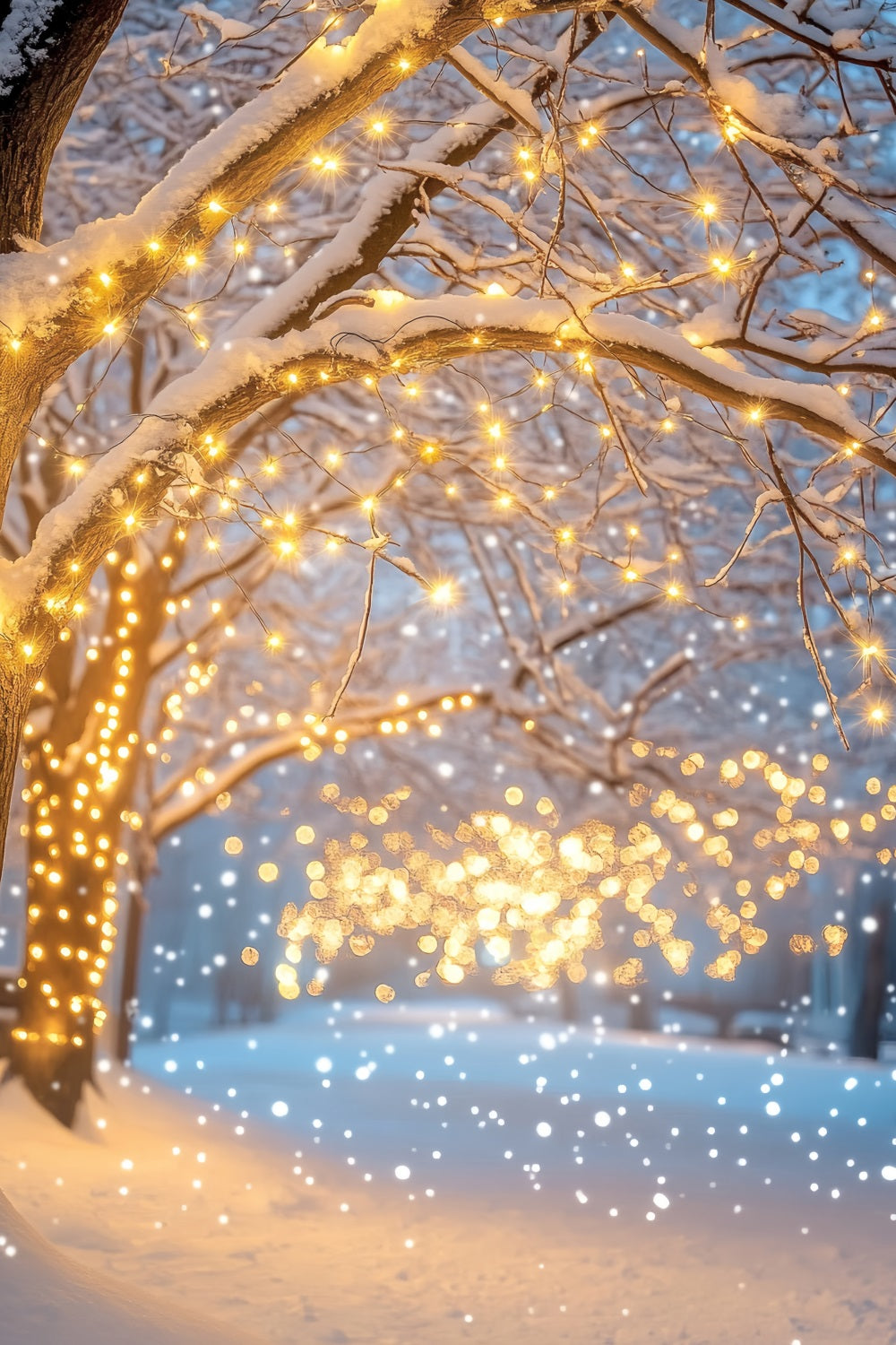Night Forest Snowy Pathway Golden Lights Winter Forest Backdrop LXX58-305