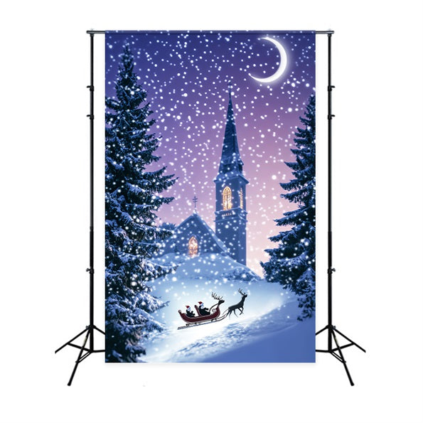 Pine Christmas Forest Church Sleigh Winter Night Snowy Forest Backdrop LXX58-306