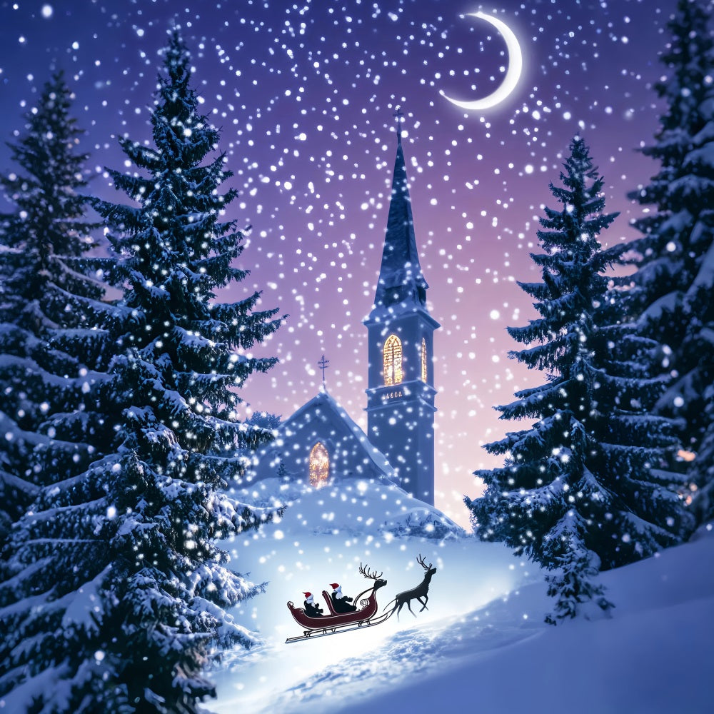 Pine Christmas Forest Church Sleigh Winter Night Snowy Forest Backdrop LXX58-306