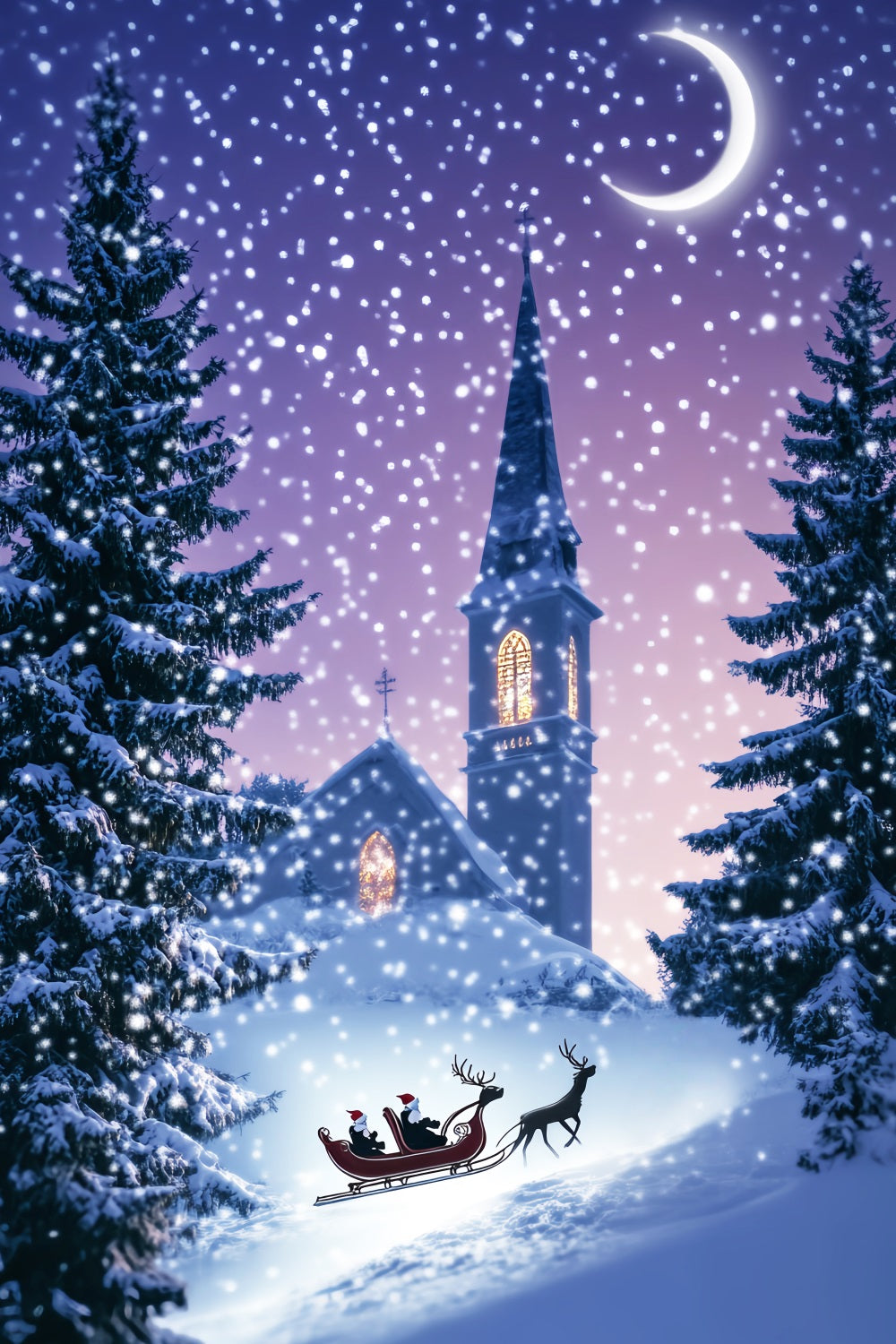 Pine Christmas Forest Church Sleigh Winter Night Snowy Forest Backdrop LXX58-306