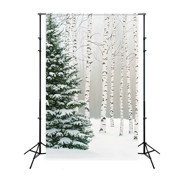 Pine Forest Birch Grove Snow Pines Winter Forest Photography Backdrop LXX58-307