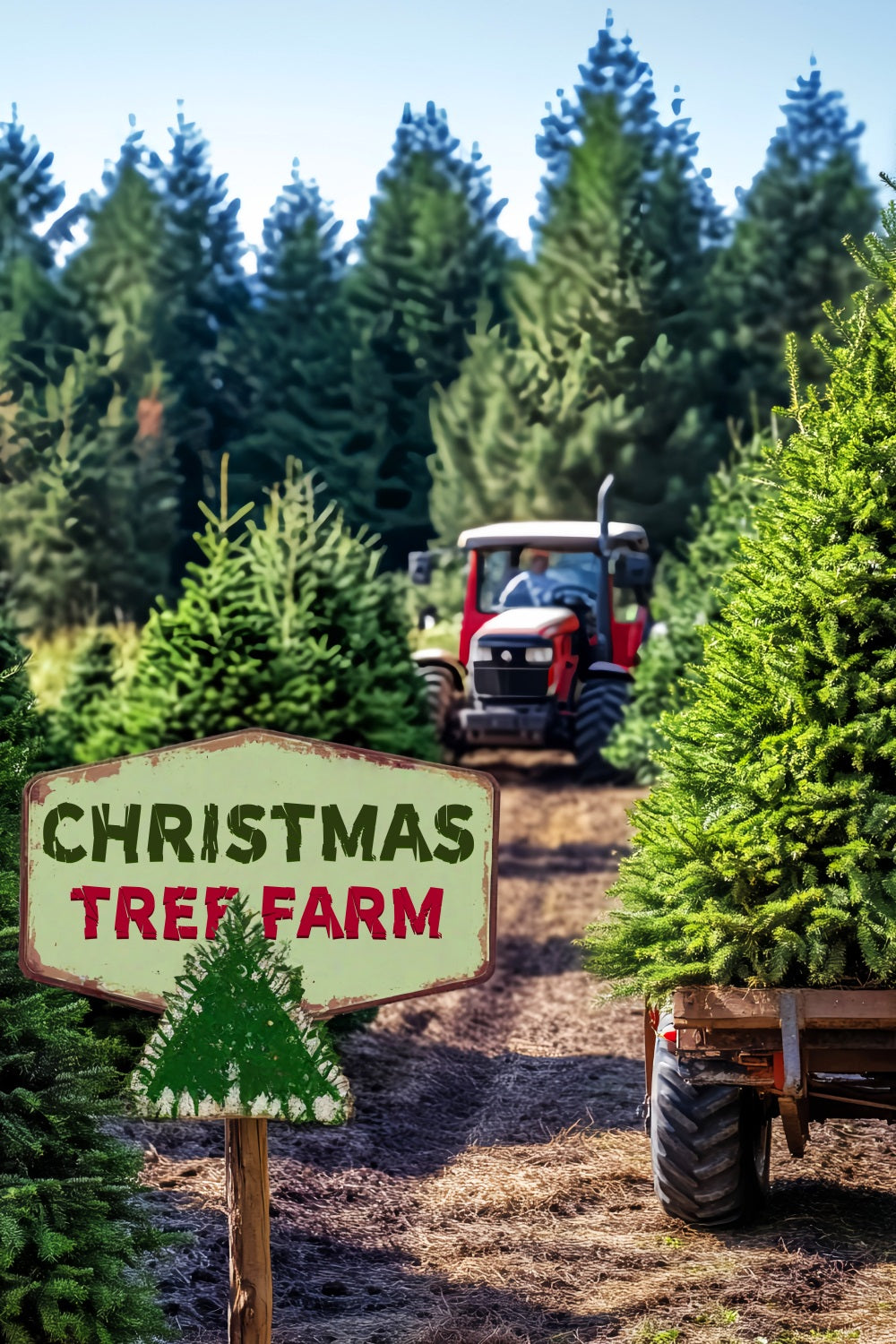 Pine Forest Christmas Tree Farm Tractor Forest Photography Backdrop LXX58-308