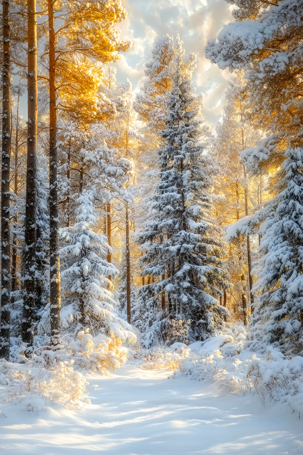 Christmas Pine Forest Frosty Trees Golden Glow Forest Photo Backdrop LXX58-309