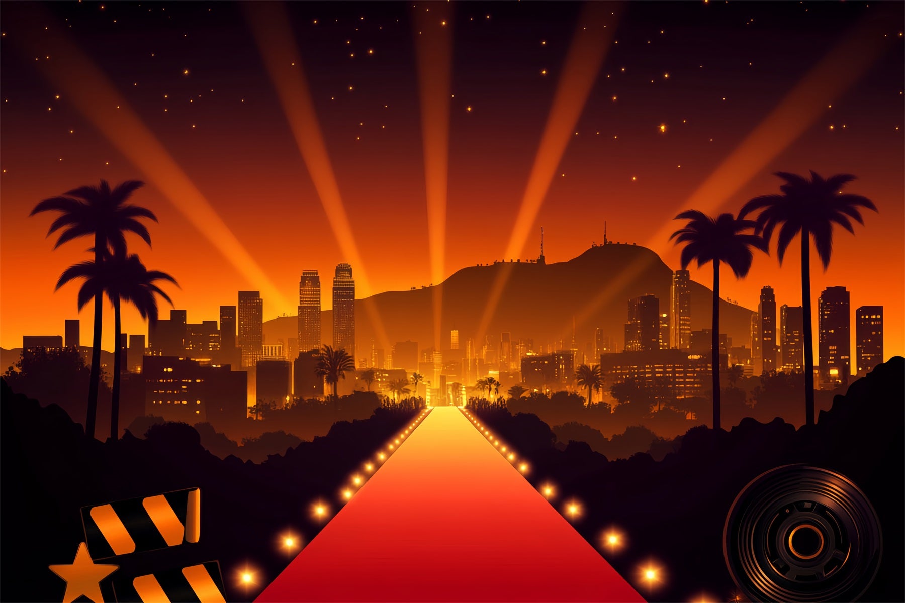 Hollywood Backdrop Hollywood Skyline Spotlight Glow Red Carpet Backdrop LXX58-312