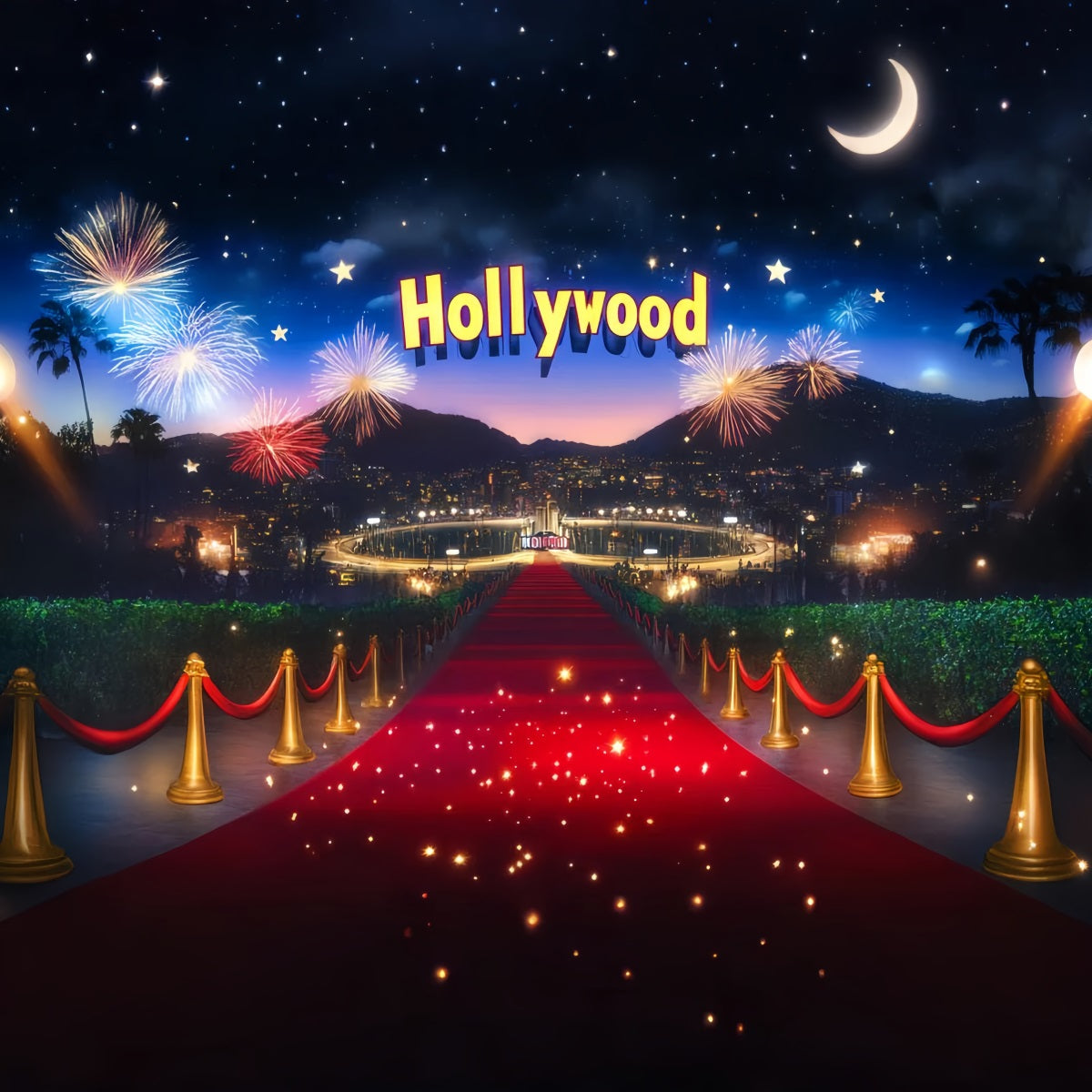 Hollywood Backdrop Hollywood Fireworks Celebration Night Red Carpet Backdrop LXX58-316