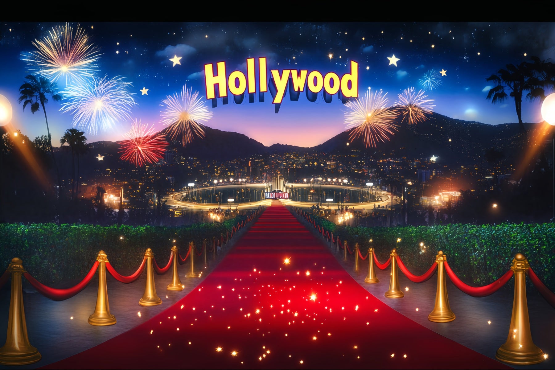 Hollywood Backdrop Hollywood Fireworks Celebration Night Red Carpet Backdrop LXX58-316
