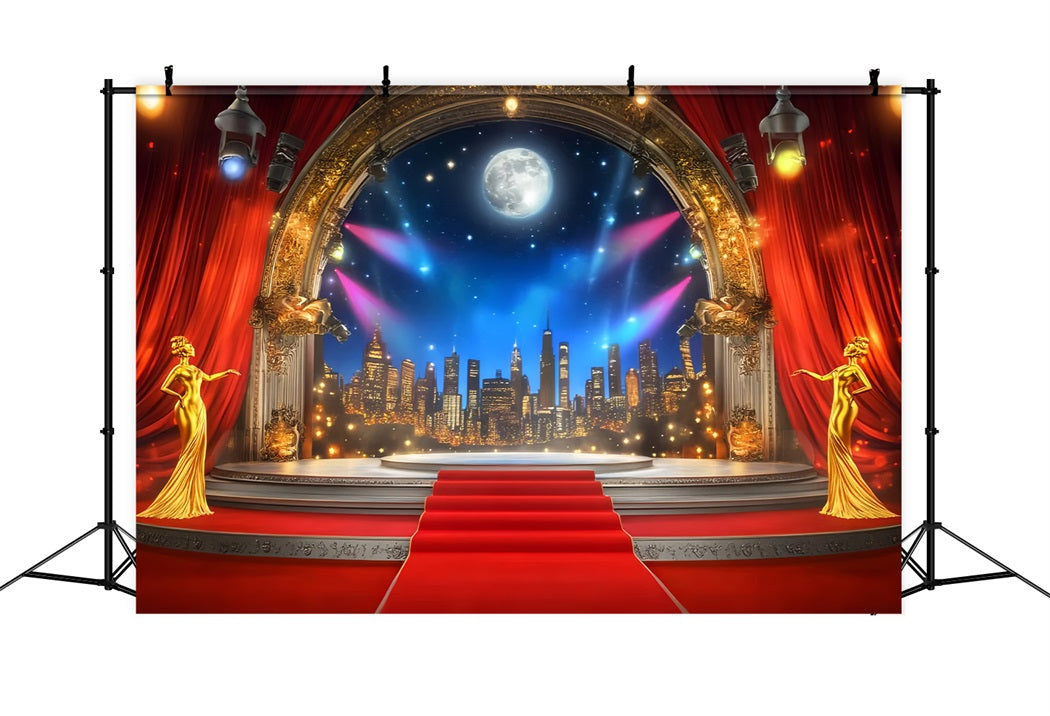 Oscar Backdrop Golden Stage Moonlight Skyline Stage Red Carpet Backdrop LXX58-317