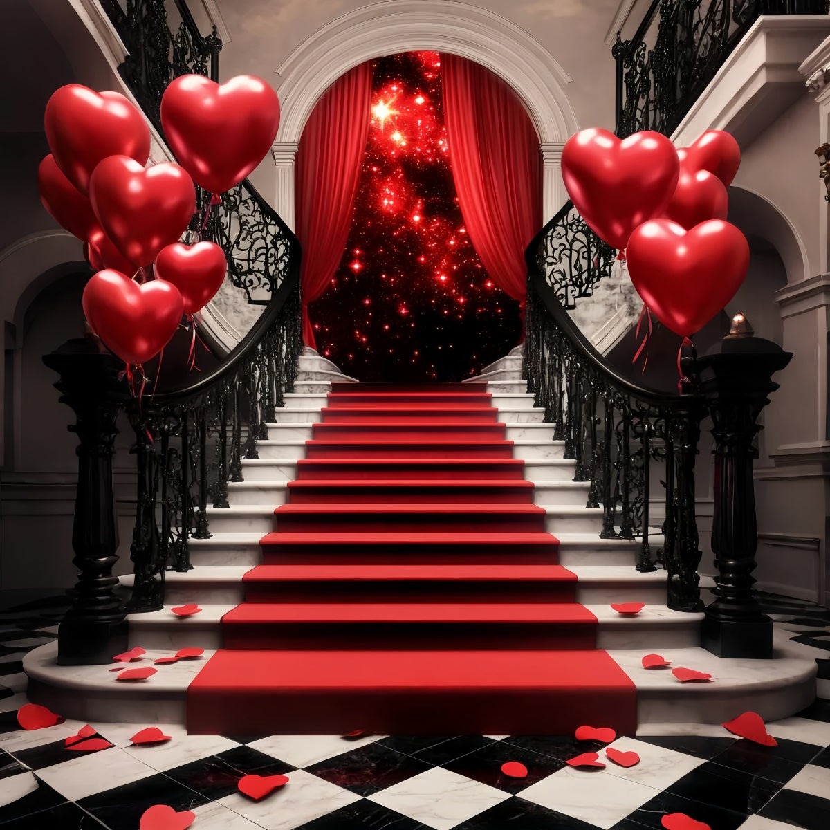 Oscar Backdrop Romantic Staircase Heart Balloons Red Carpet Stage Backdrop LXX58-319