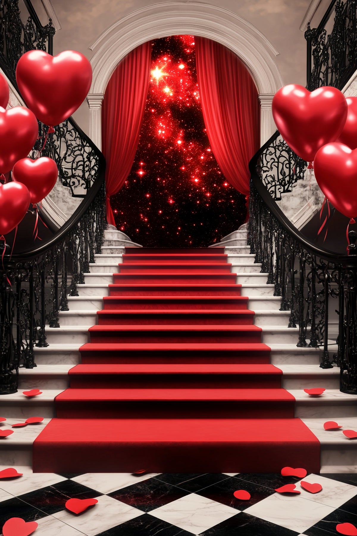 Oscar Backdrop Romantic Staircase Heart Balloons Red Carpet Stage Backdrop LXX58-319