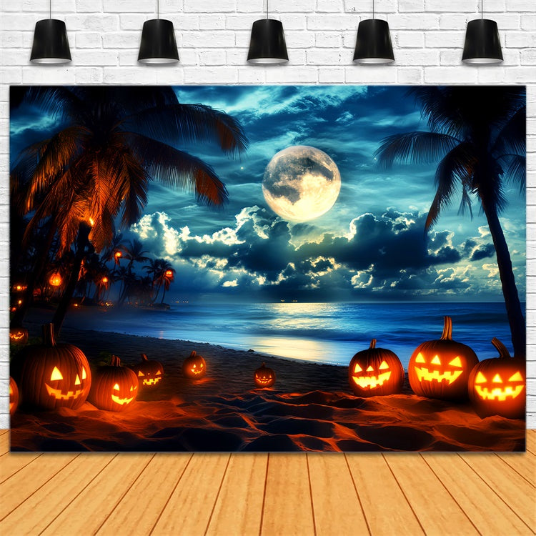 Halloween Photo Backdrops Moonlit Pumpkin Beach Backdrop LXX58-32