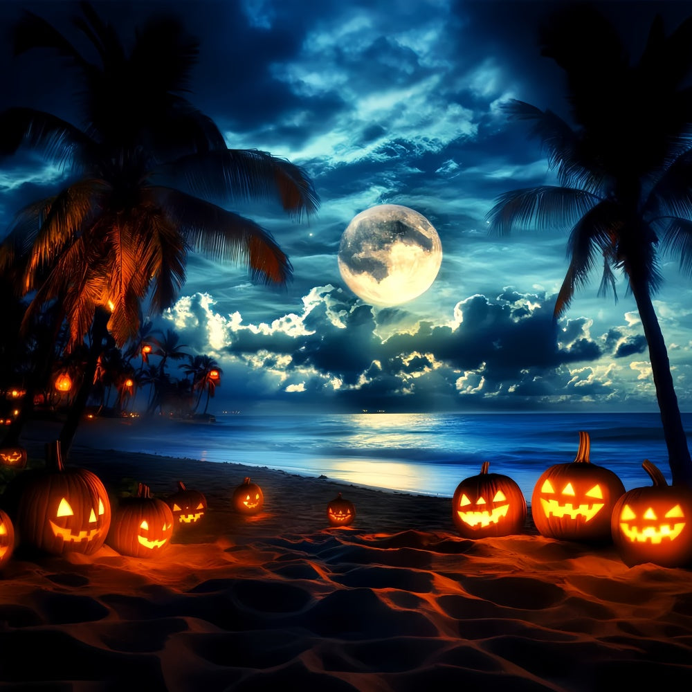 Halloween Photo Backdrops Moonlit Pumpkin Beach Backdrop LXX58-32