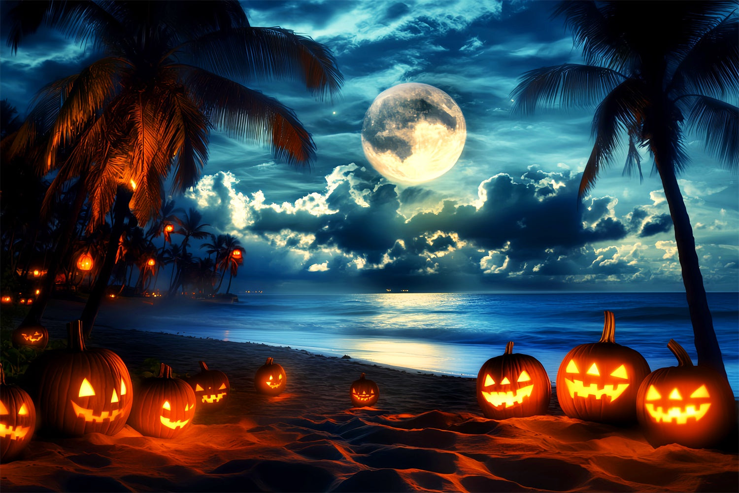 Halloween Photo Backdrops Moonlit Pumpkin Beach Backdrop LXX58-32