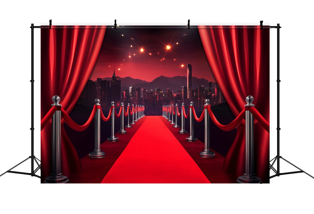 Red Carpet Backdrop Red Curtain City Skyline Walk Hollywood Theme Backdrop LXX58-329