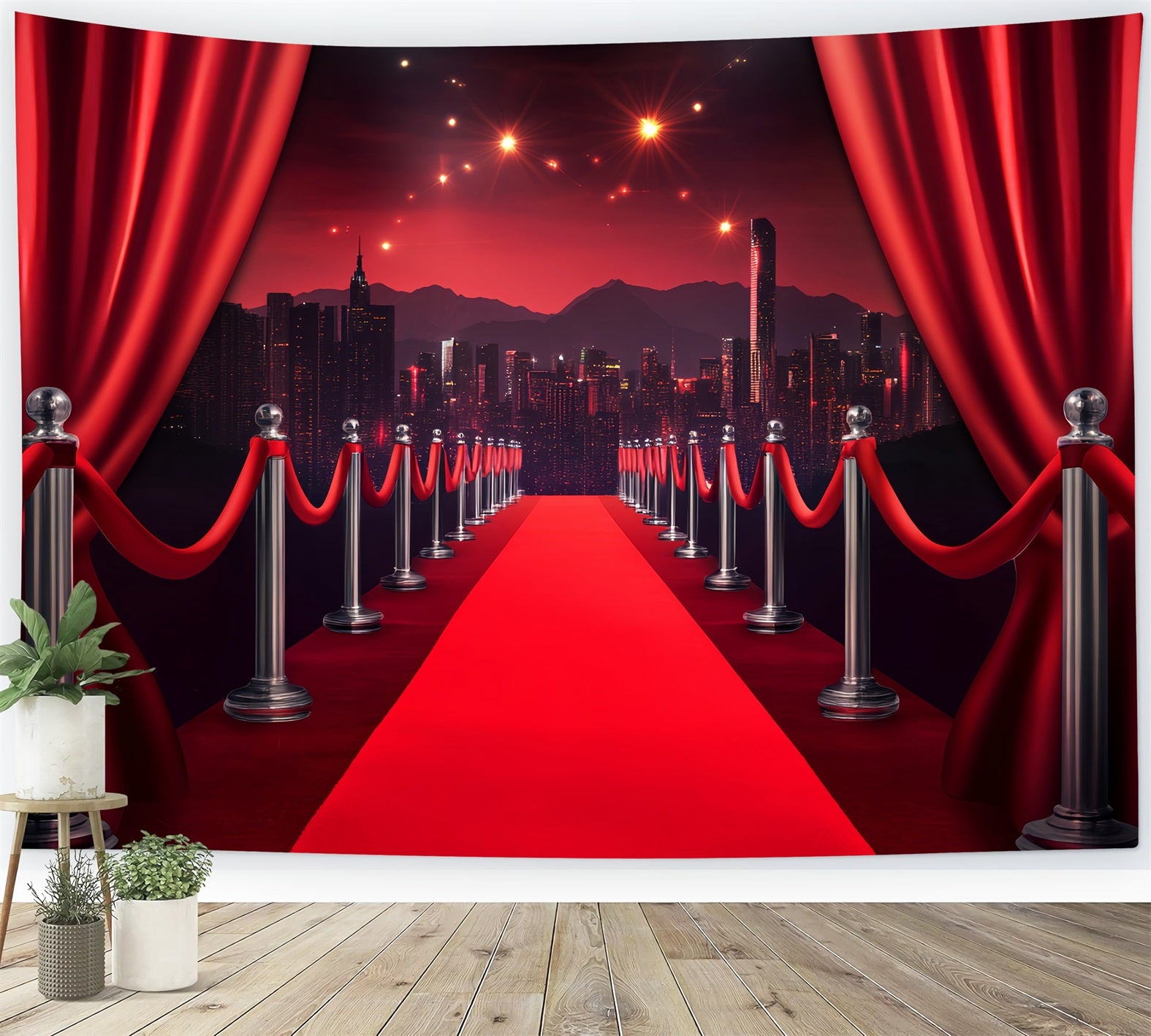 Red Carpet Backdrop Red Curtain City Skyline Walk Hollywood Theme Backdrop LXX58-329