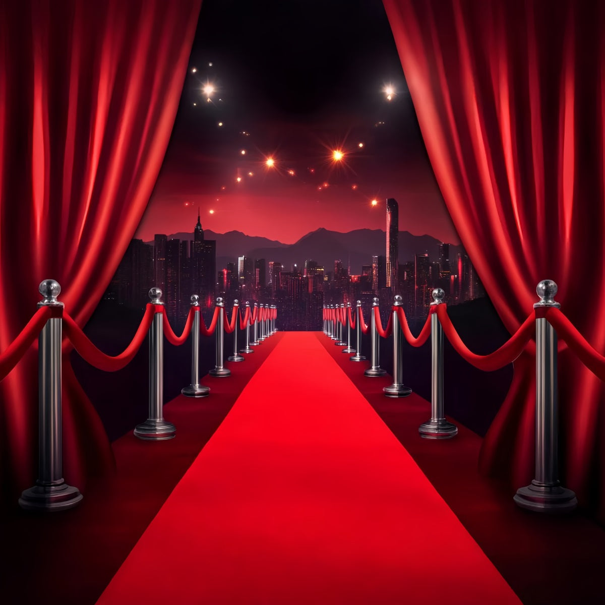 Red Carpet Backdrop Red Curtain City Skyline Walk Hollywood Theme Backdrop LXX58-329