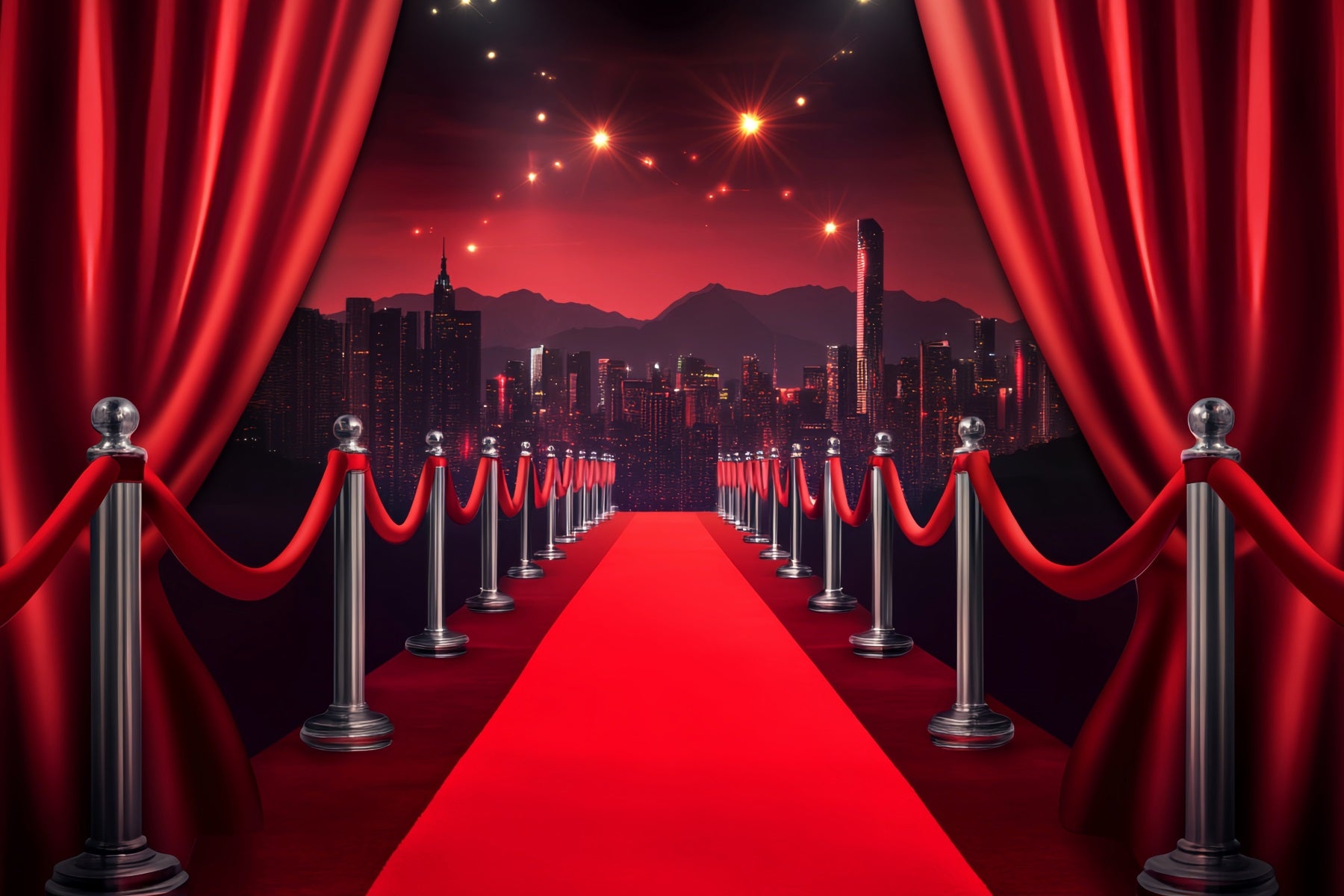 Red Carpet Backdrop Red Curtain City Skyline Walk Hollywood Theme Backdrop LXX58-329