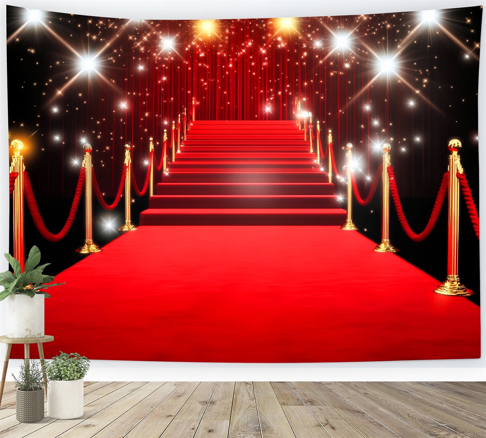 Red Carpet Backdrop Golden Sparkling Stairway Lights Stage Backdrop LXX58-332