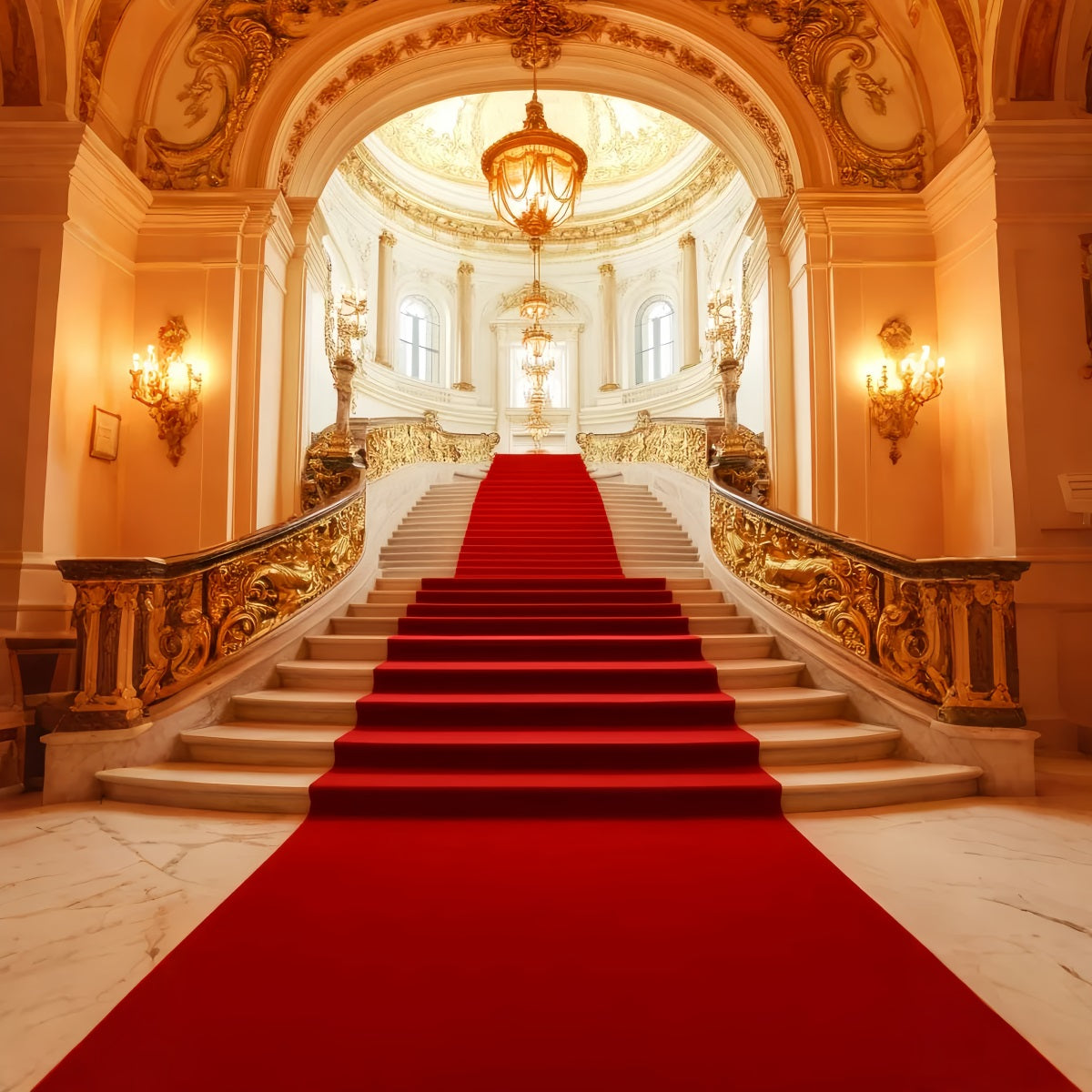 Red Carpet Backdrop Royal Golden Chandelier Stairway Stage Backdrop LXX58-334