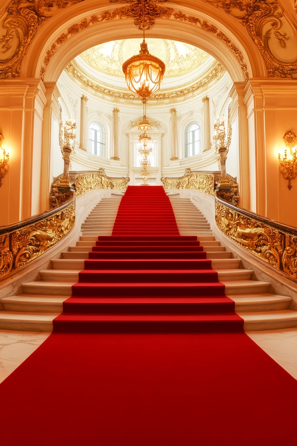 Red Carpet Backdrop Royal Golden Chandelier Stairway Stage Backdrop LXX58-334