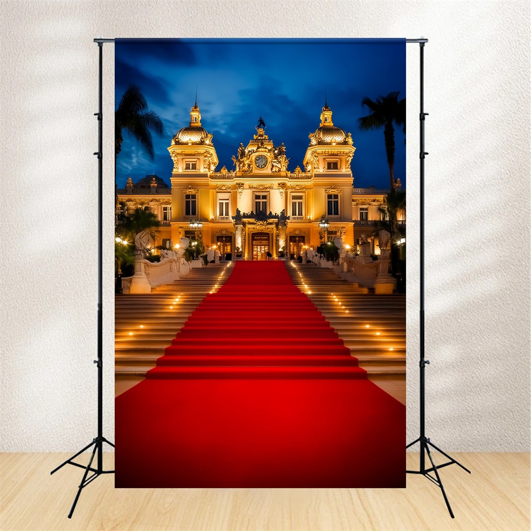 Red Carpet Backdrop Illuminated Palace Entrance Night Hollywood Backdrop LXX58-338