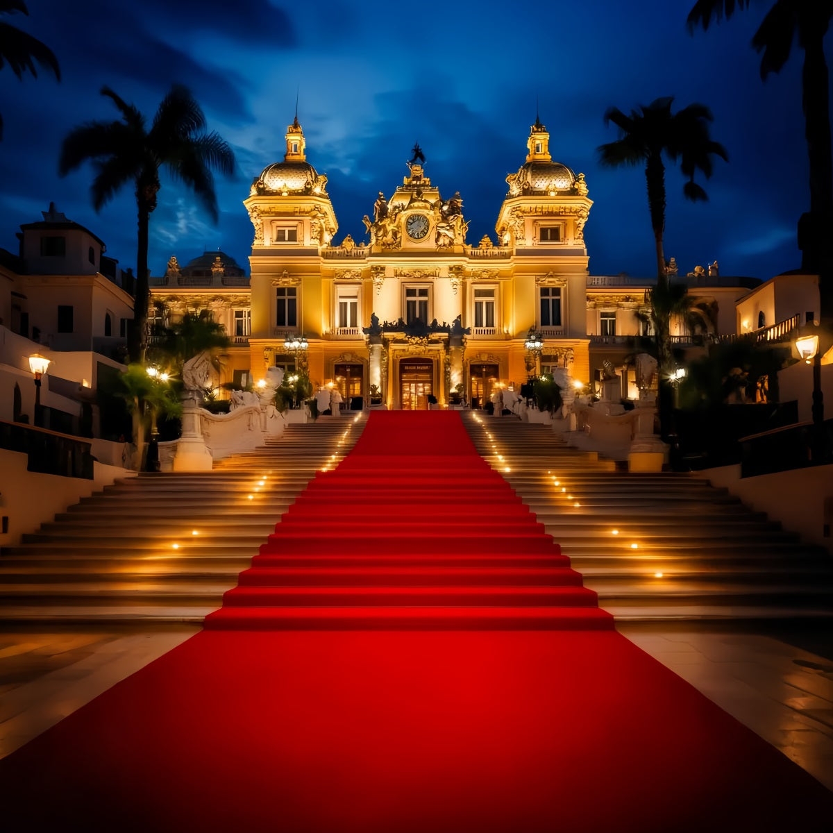 Red Carpet Backdrop Illuminated Palace Entrance Night Hollywood Backdrop LXX58-338