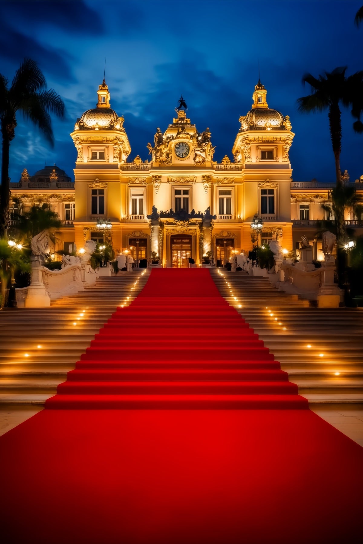 Red Carpet Backdrop Illuminated Palace Entrance Night Hollywood Backdrop LXX58-338
