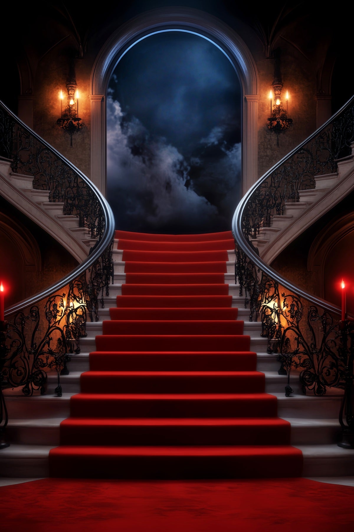 Red Carpet Backdrop Mystic Moonlit Stairway Mansion Stage Backdrop LXX58-339