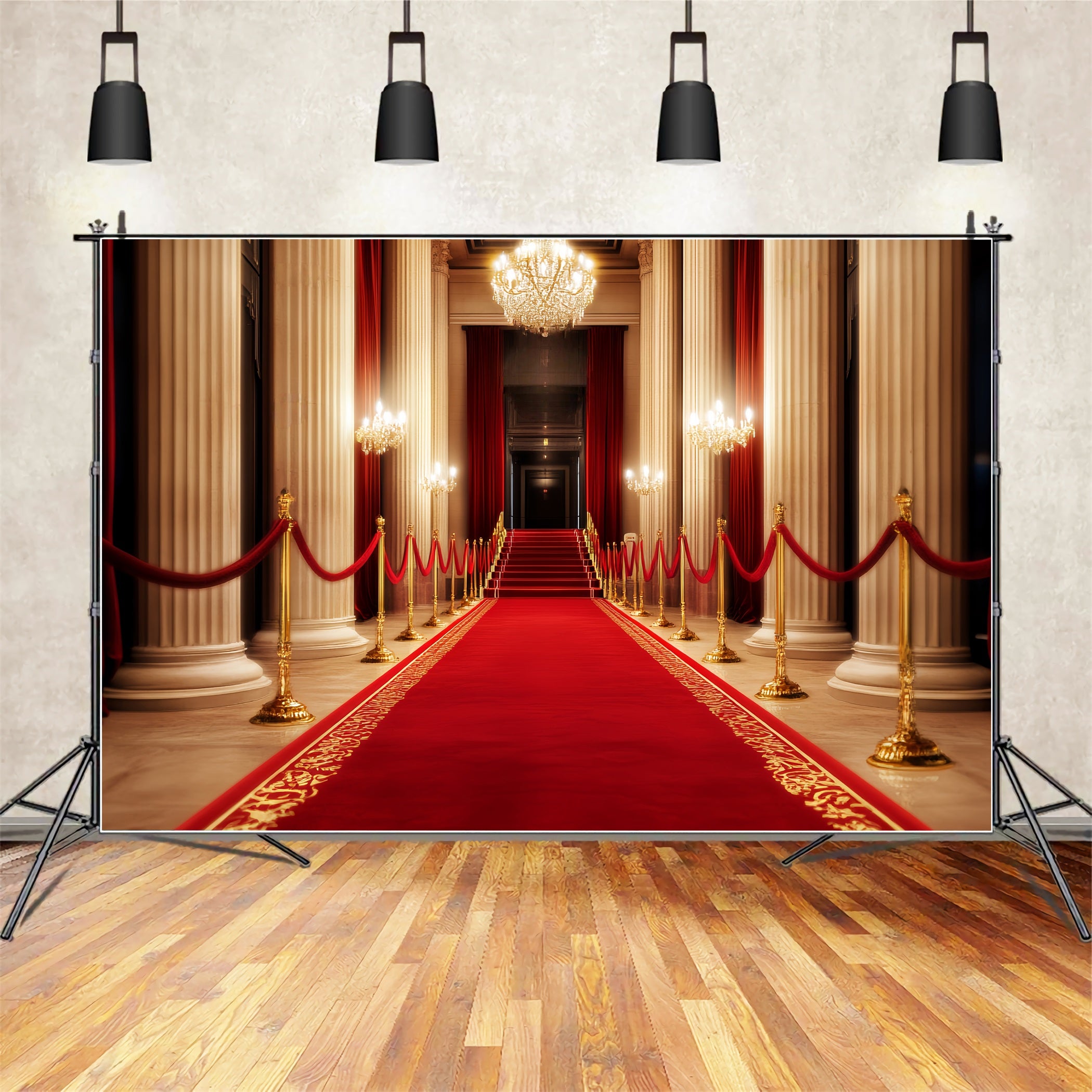 Red Carpet Backdrop Grand Hall Chandelier Glow Stage Photo Backdrop LXX58-341
