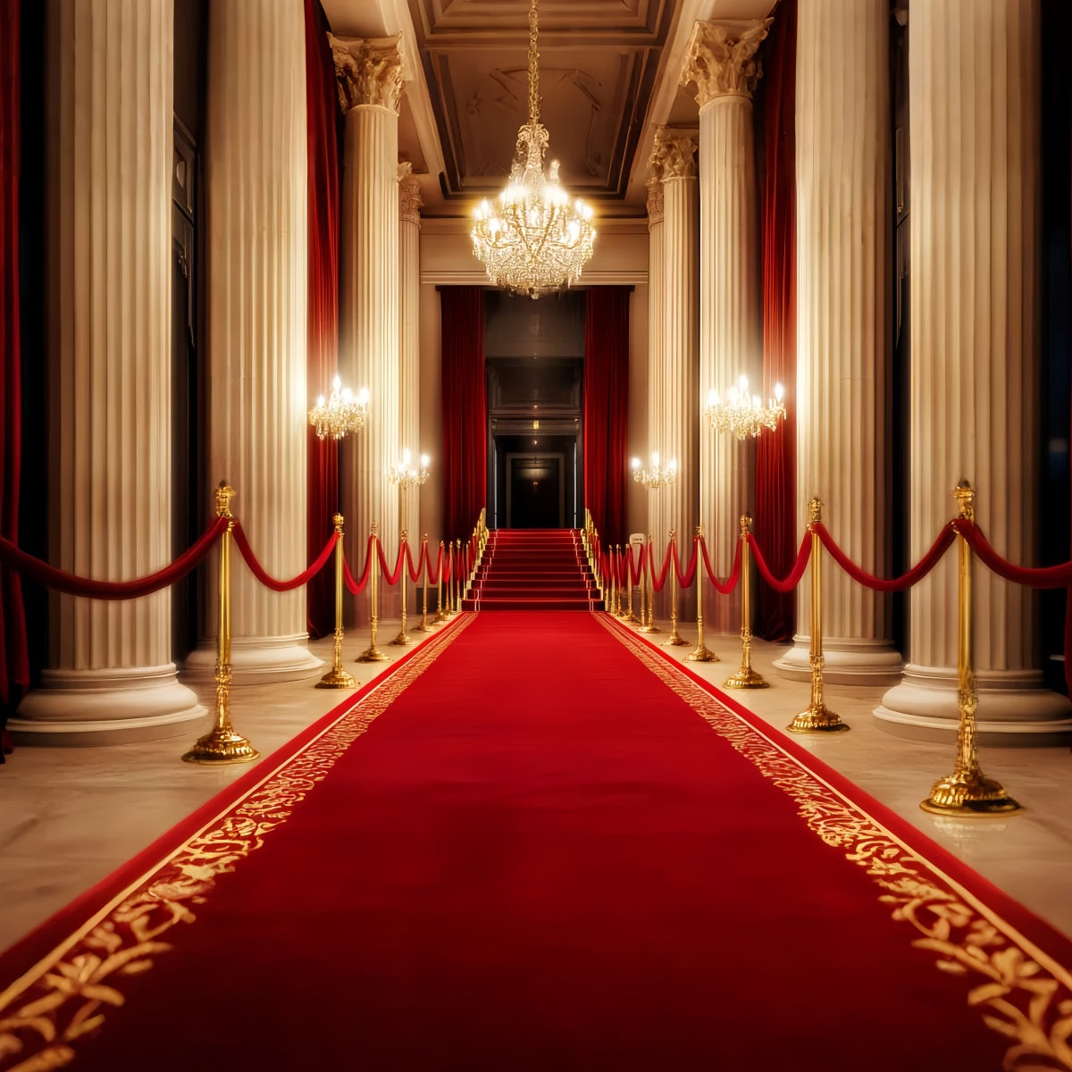 Red Carpet Backdrop Grand Hall Chandelier Glow Stage Photo Backdrop LXX58-341