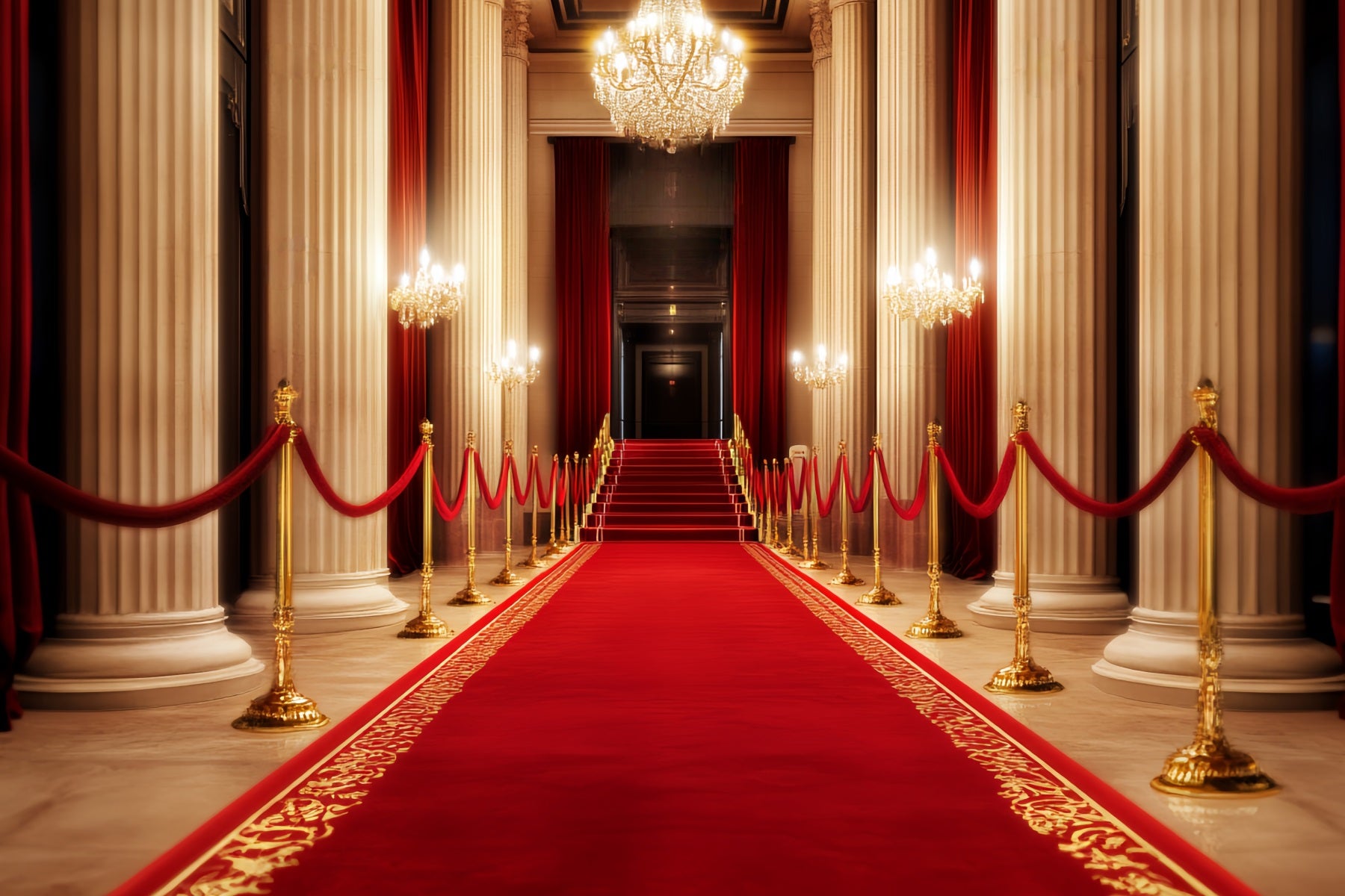 Red Carpet Backdrop Grand Hall Chandelier Glow Stage Photo Backdrop LXX58-341