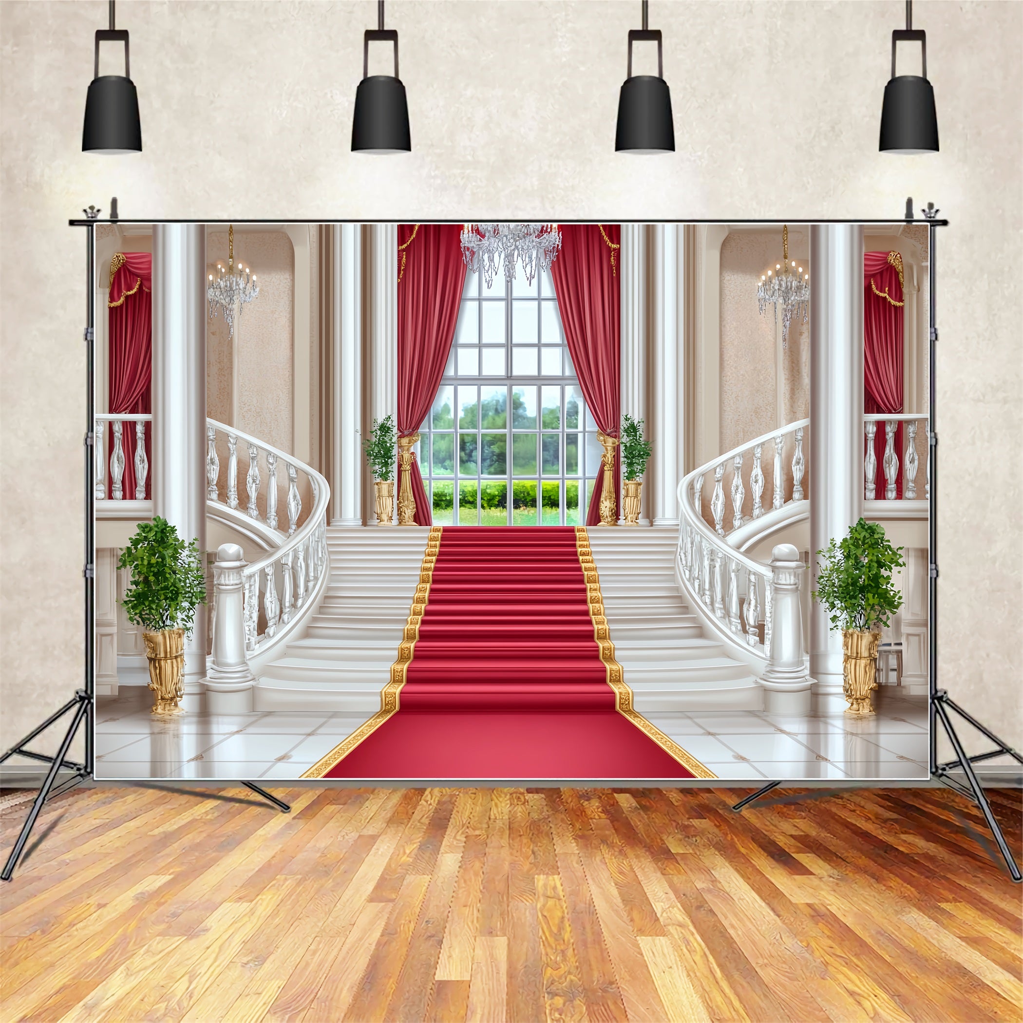 Red Carpet Backdrop Palace Staircase Red Elegance Stage Backdrop LXX58-342