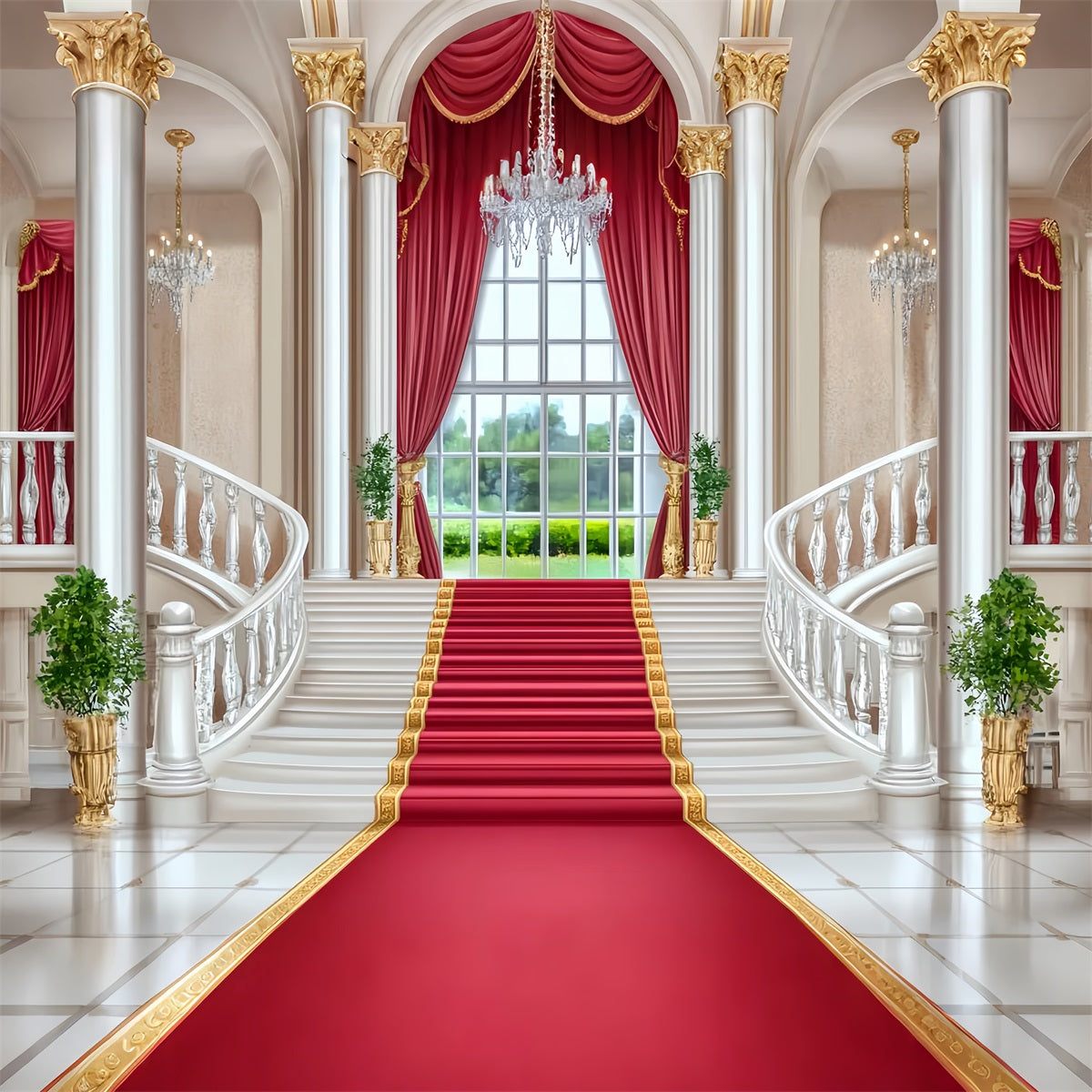 Red Carpet Backdrop Palace Staircase Red Elegance Stage Backdrop LXX58-342