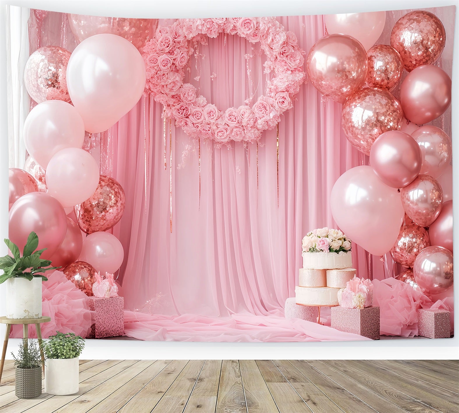 Newborn Backdrop Pink Roses Balloons Wreath Newborn Photoshoot Backdrop LXX58-356