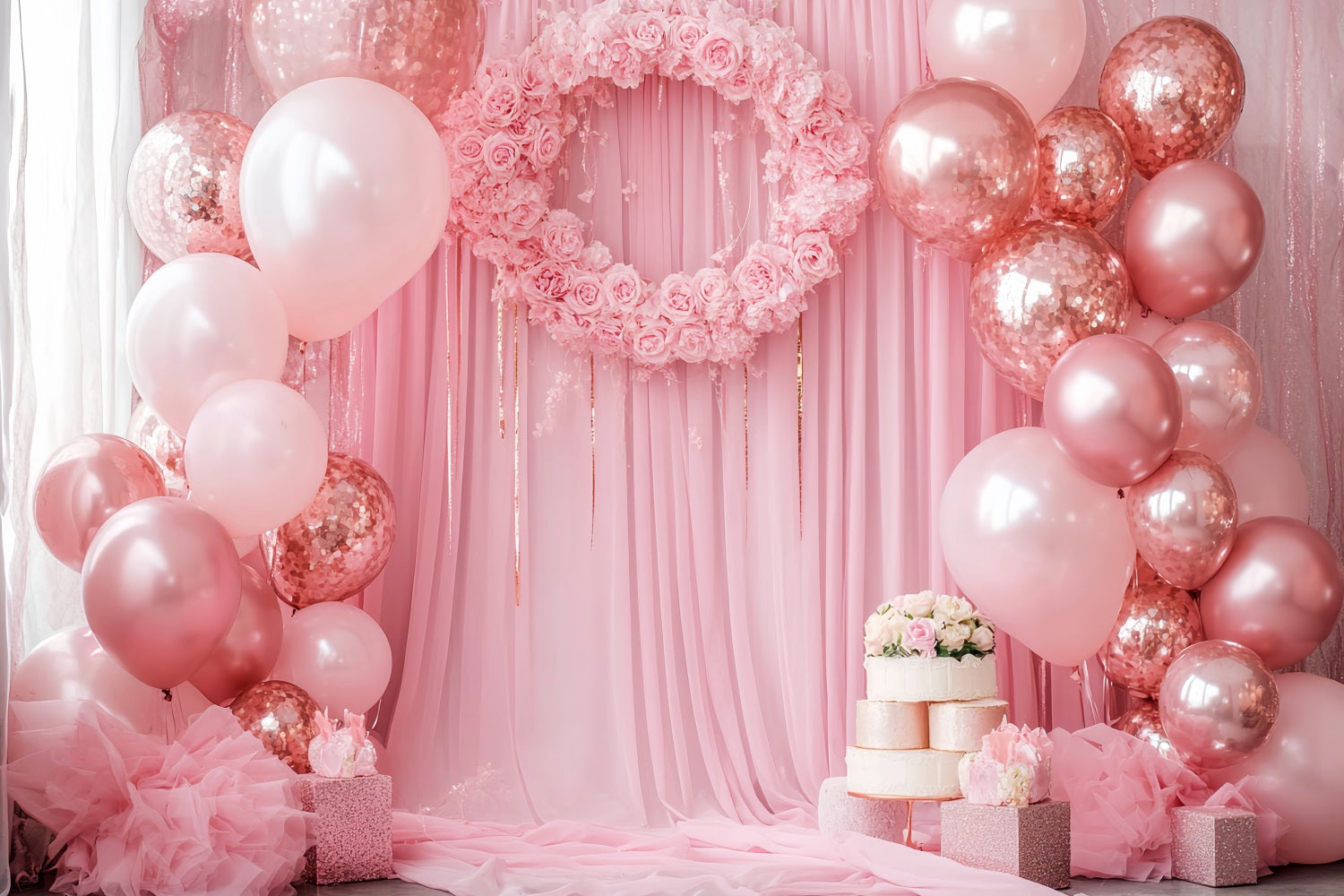 Newborn Backdrop Pink Roses Balloons Wreath Newborn Photoshoot Backdrop LXX58-356