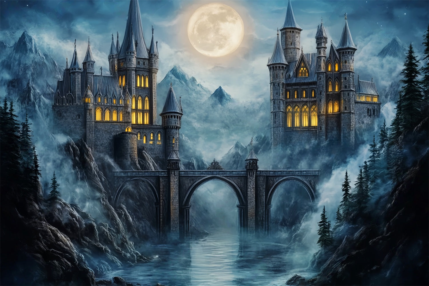 Castle Backdrop Moonlit Gothic Castle Towers Children Backdrops LXX58-373