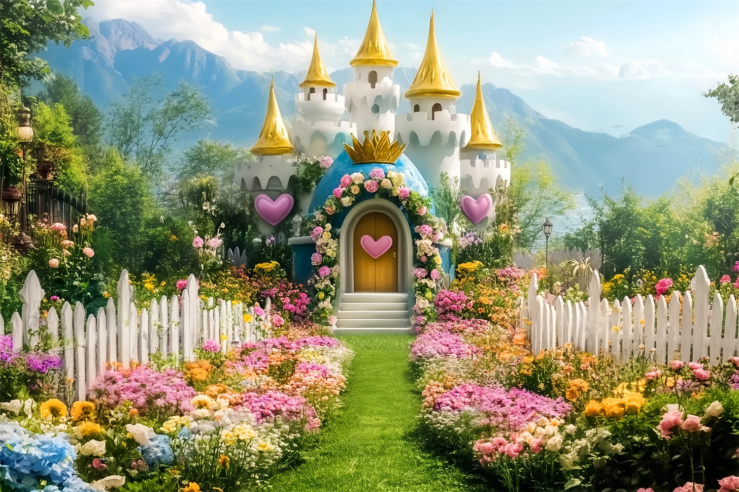 Castle Backdrop Blooming Garden Fairytale Castle Newborn Photo Backdrop LXX58-375