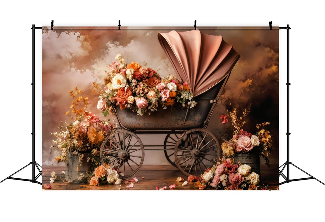 Newborn Fall Backdrop Vintage Stroller Blooming Flowers Newborn Backdrop LXX58-376