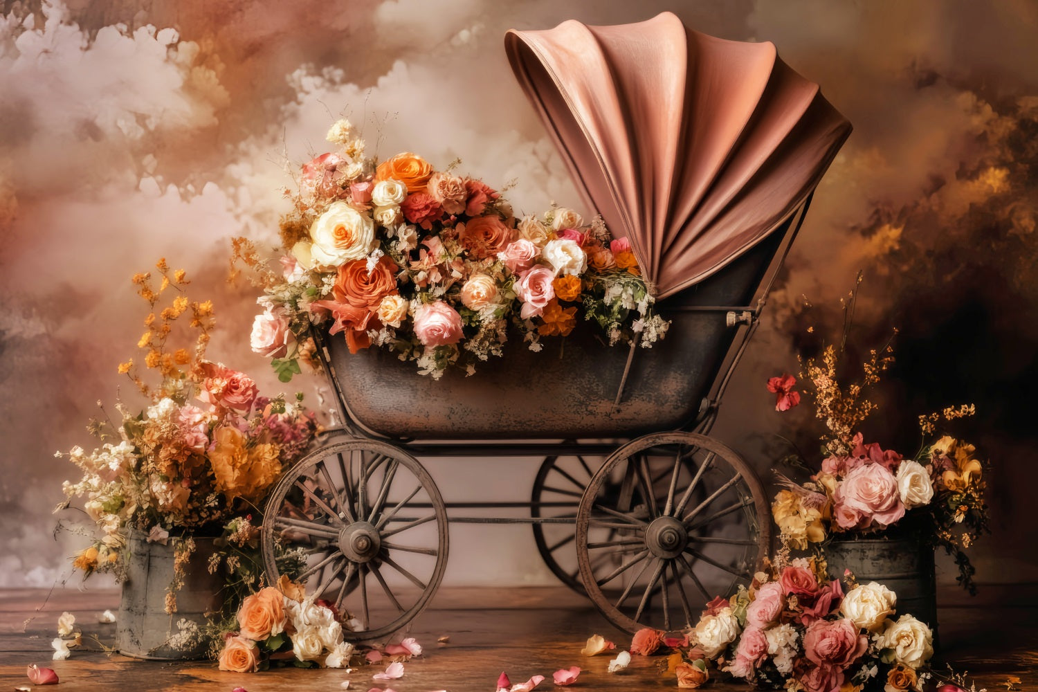 Newborn Fall Backdrop Vintage Stroller Blooming Flowers Newborn Backdrop LXX58-376