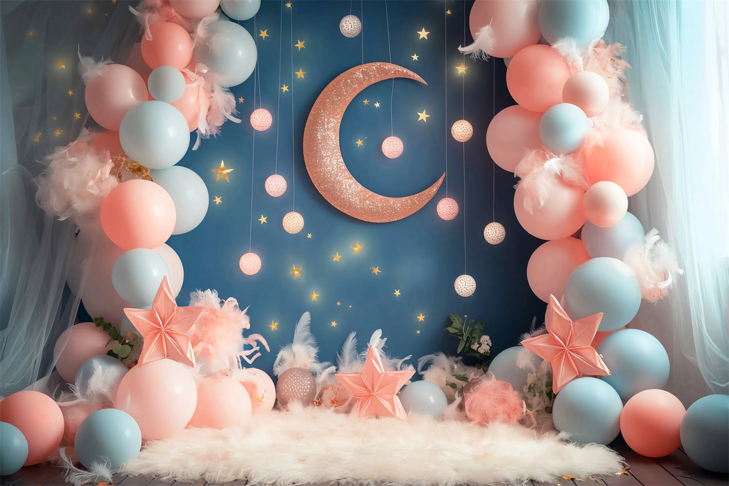 Moon And Stars Backdrop Moon Star Balloon Dreamland Newborn Photo Backdrop LXX58-389