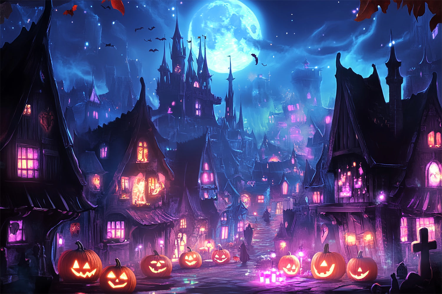 Spooky Halloween Backdrop Mystic Witch Town Backdrop LXX58-43
